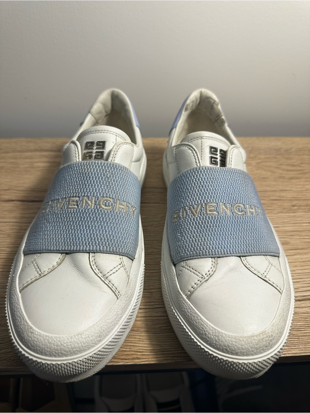 Givenchy White Leather Slip-On Sneakers with Light Blue Elastic Band